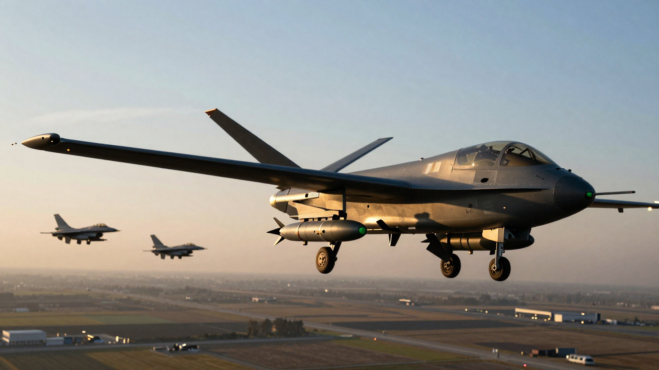 Aeronave militar não tripulada voando com dois caças atrás sobre um campo durante o pôr do sol.