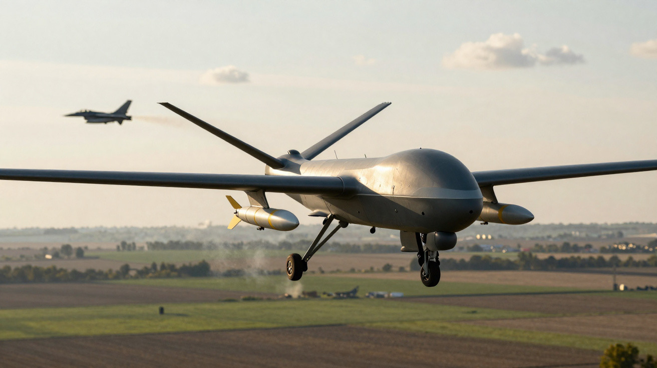 Drone militar a voar baixo sobre campos com um avião de combate ao fundo.
