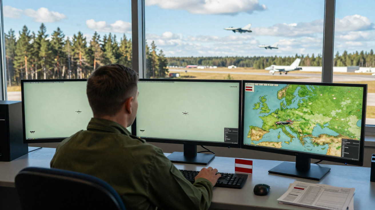 Militar em controlo de voo monitoriza radar e mapa de Europa com jatos e avião a descolar na pista.