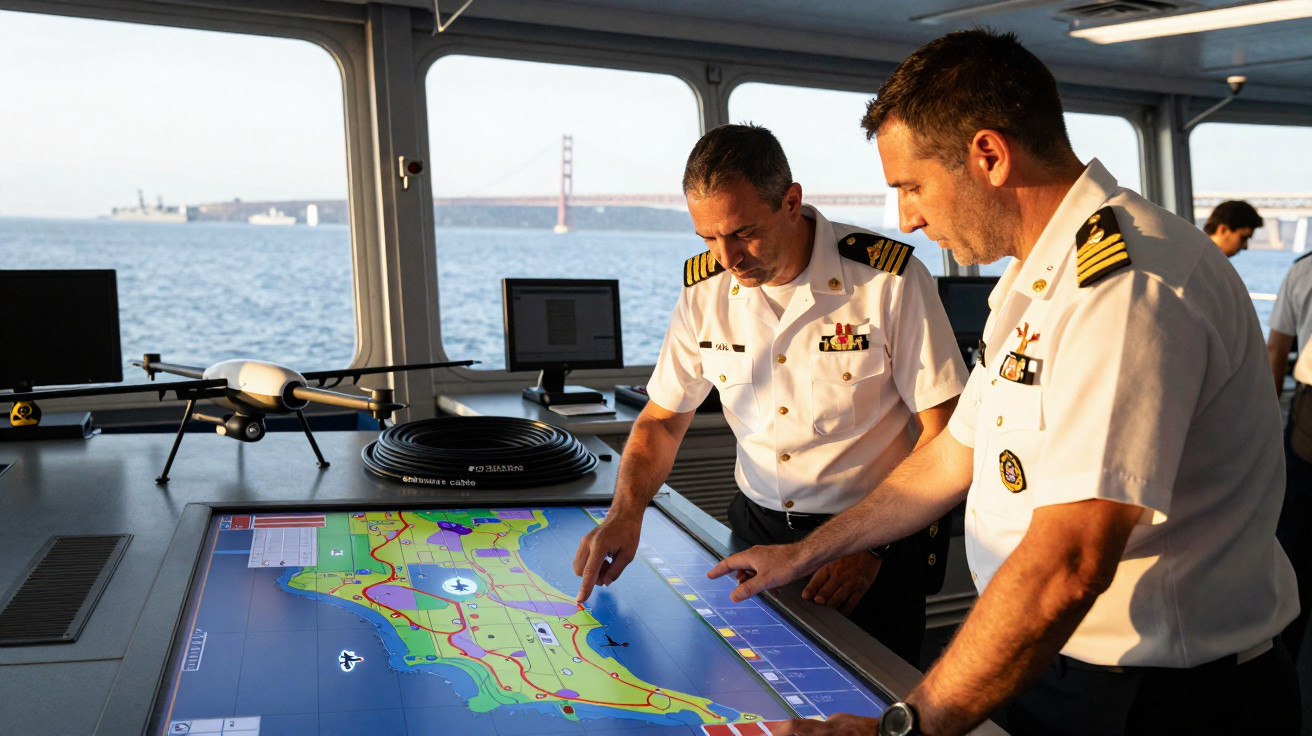 Dois oficiais navais analisam uma carta digital de navegação no convés com vista para o mar e uma ponte ao fundo.
