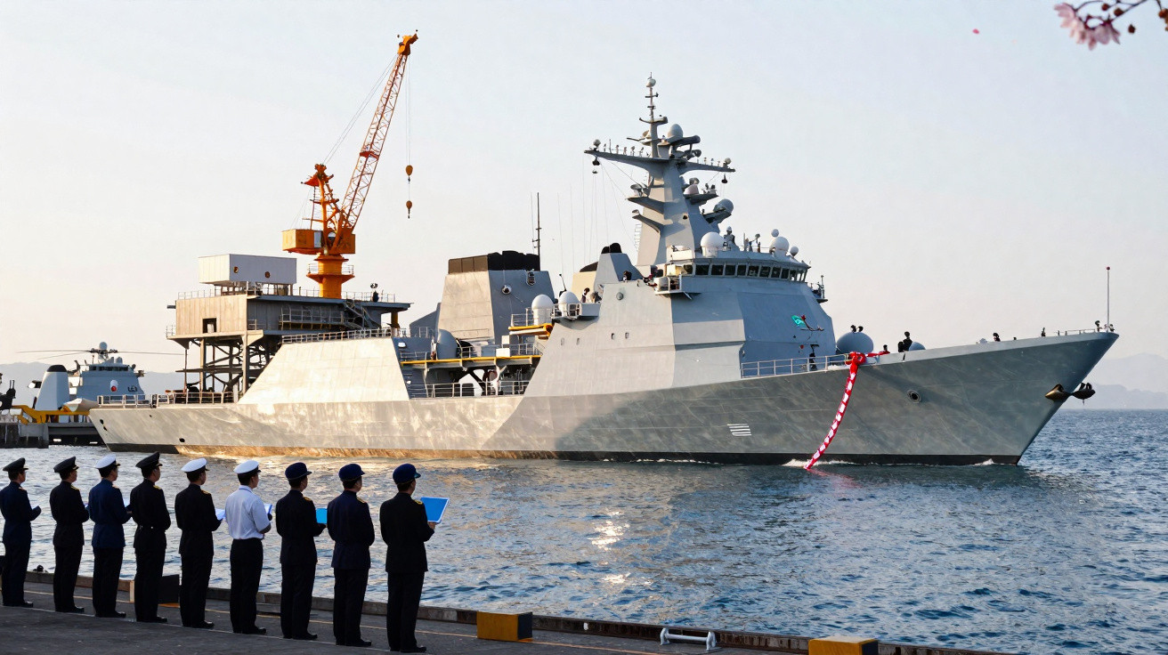 Navio de guerra cinzento atracado com tripulação militar alinhada num cais ao amanhecer.