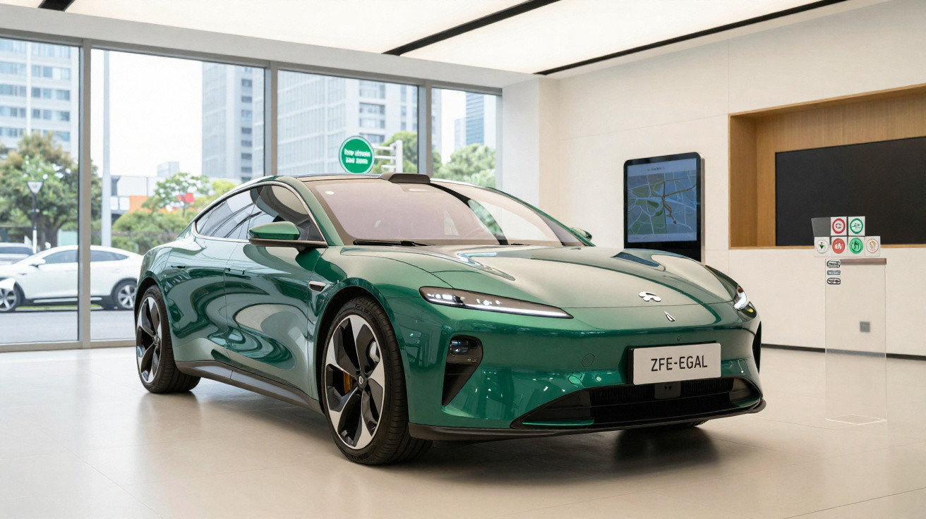 Carro elétrico verde brilhante estacionado numa sala moderna com janelas grandes e edifícios ao fundo.