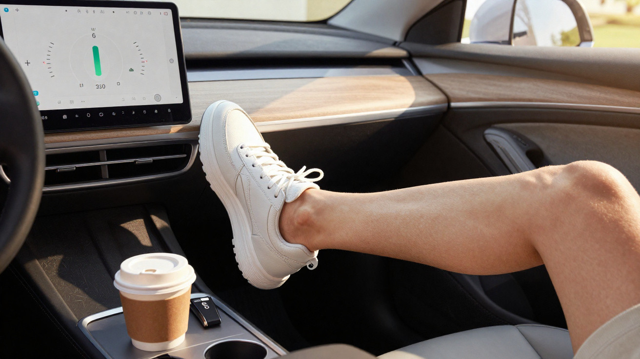Pessoa com ténis branco esticado no interior de um carro moderno com ecrã digital e café.