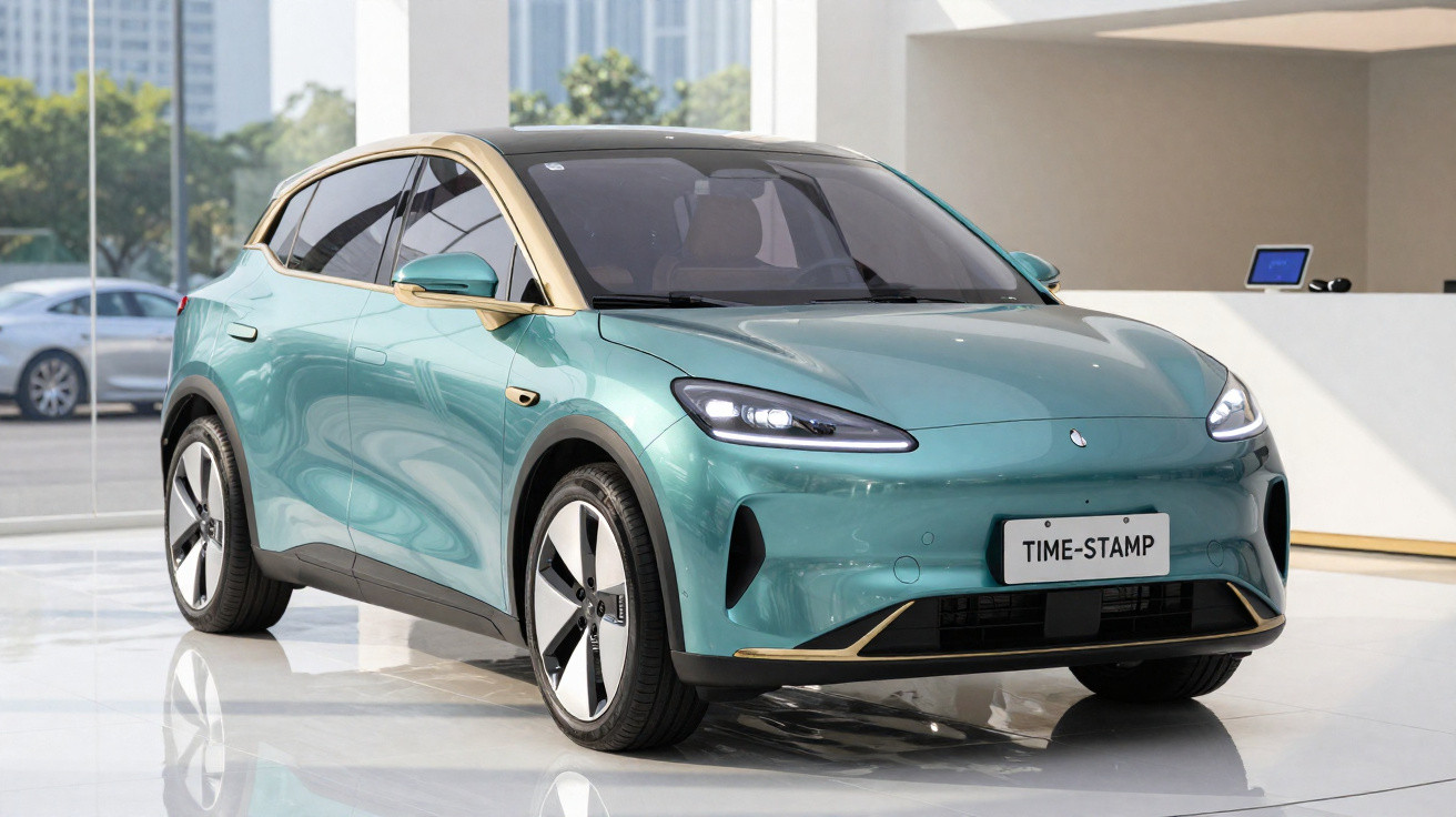 Carro elétrico moderno verde turquesa com detalhes dourados exposto num showroom iluminado.