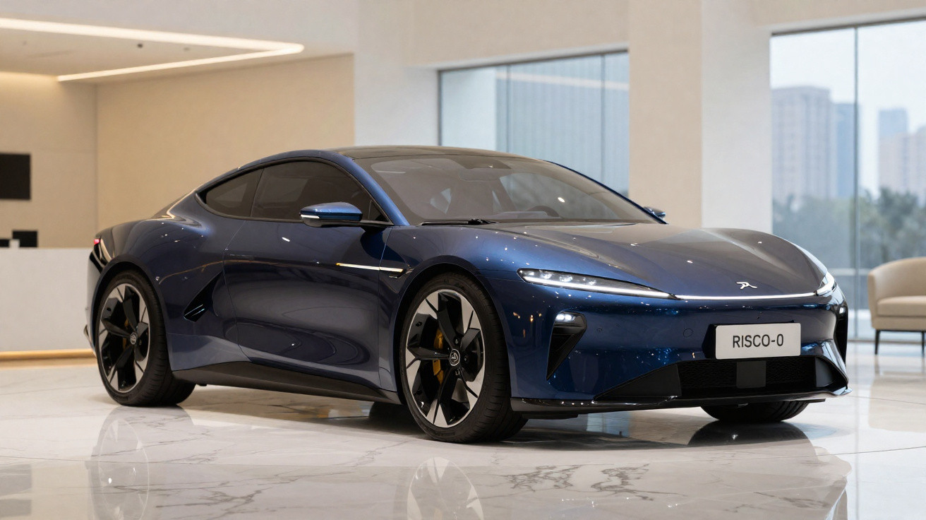 Carro elétrico desportivo azul escuro com design moderno exposto em espaço interior elegante.