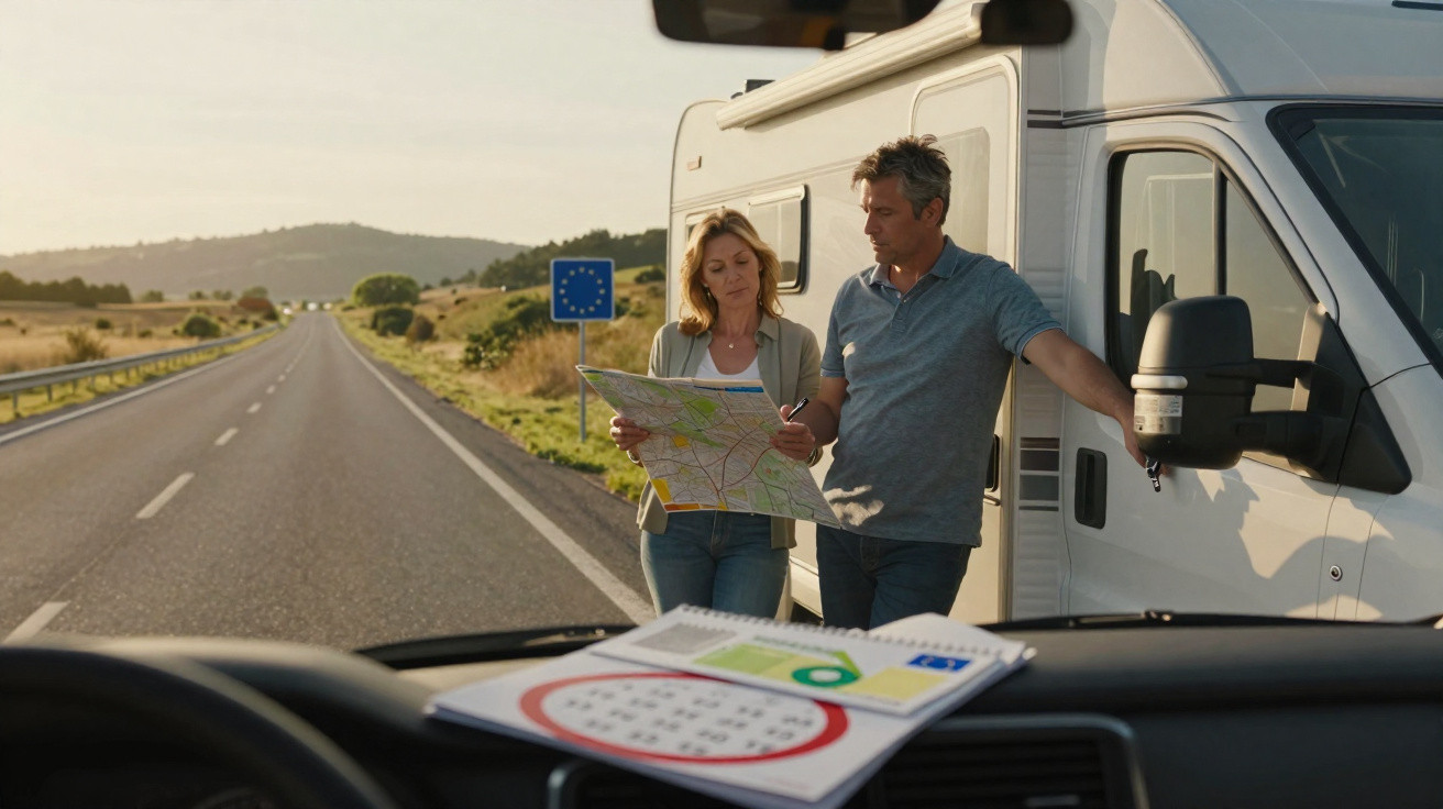 Casal junto a autocaravana a consultar mapa na berma de estrada rural com sinal da União Europeia.