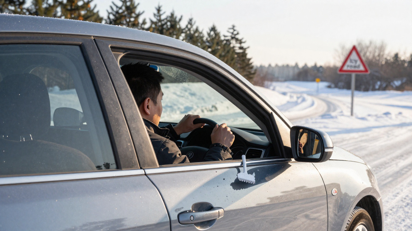 Homem ao volante de carro prateado parado numa estrada coberta de neve com sinal de aviso à frente.
