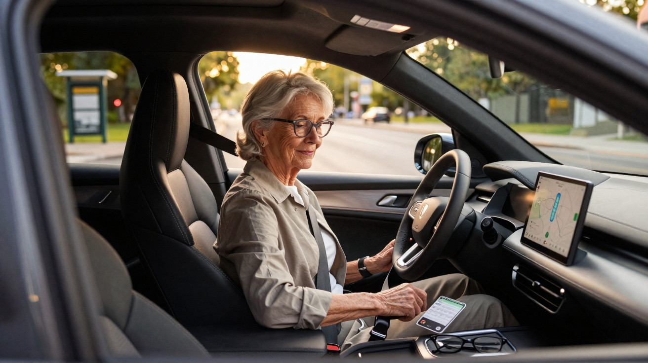 Mulher sénior a usar cinto de segurança no carro, a olhar para o telemóvel com GPS no ecrã do carro.
