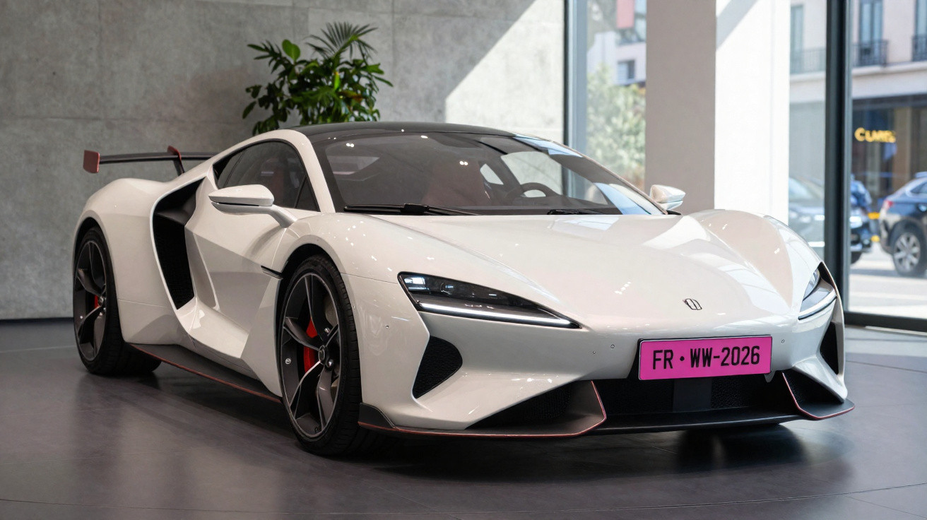 Carro desportivo branco com pára-choques dianteiro aerodinâmico e farol LED, estacionado em showroom moderno.