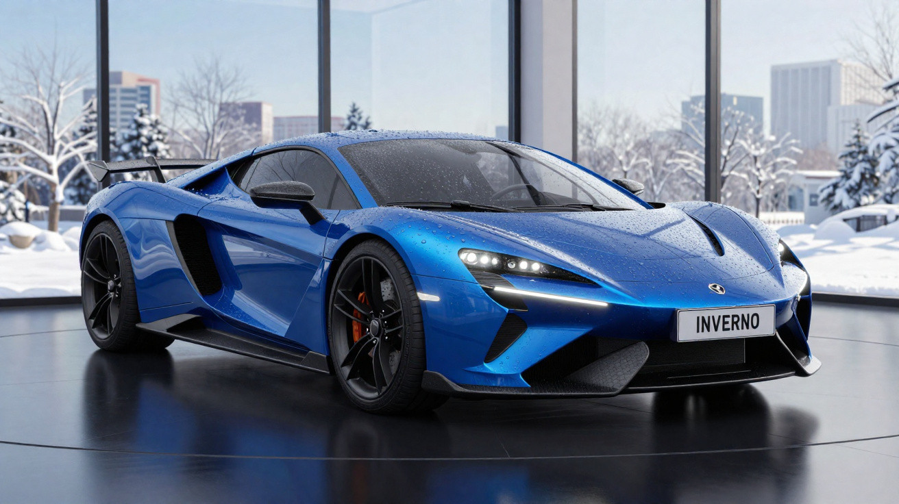 Carro desportivo azul com gotas de água estacionado em ambiente com neve visível através das janelas.