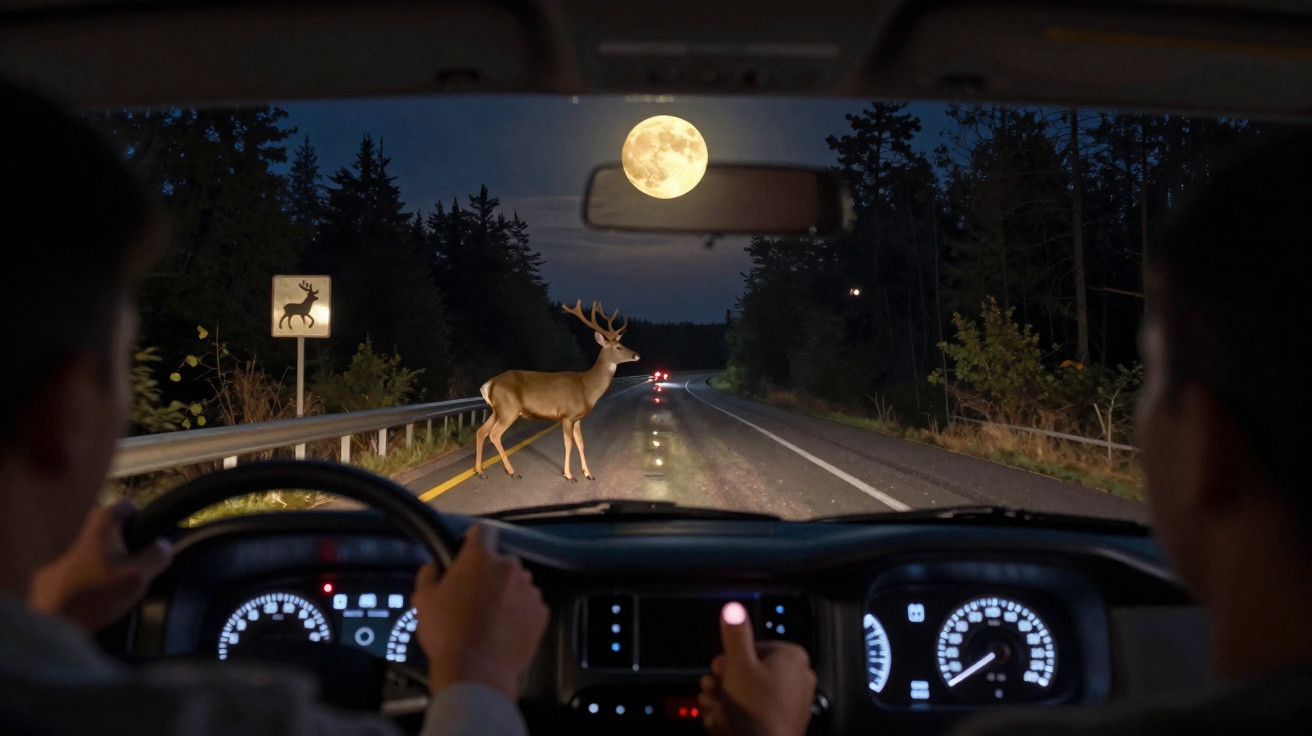 Veado atravessa estrada à noite com lua cheia, visto do carro com duas pessoas ao volante.