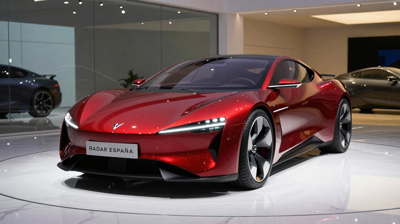 Carro desportivo vermelho metálico moderno exposto numa sala com iluminação branca suave.