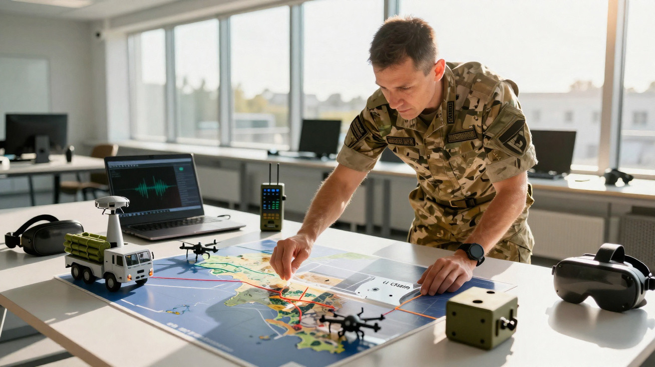 Militar em uniforme camuflado planeia estratégia sobre mapa com veículos e drones miniatura numa sala iluminada.