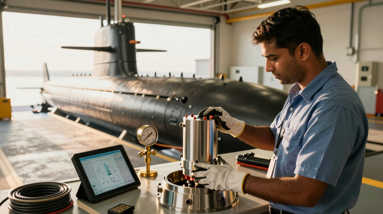 Homem a trabalhar com equipamento técnico em laboratório de submarinos com modelo de submarino ao fundo.