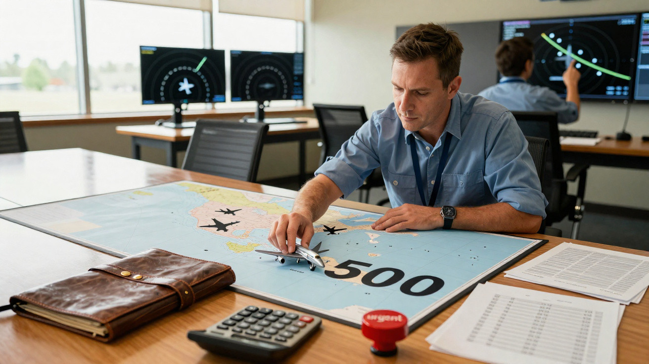 Homem a simular planeamento de voo com um avião de brinquedo sobre mapa, em escritório de controlo aéreo.