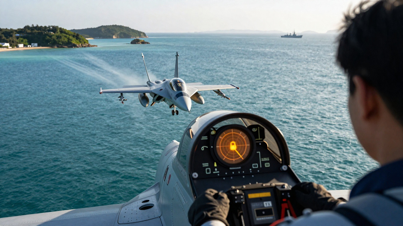 Piloto dentro de cockpit de caça com radar, foca em avião de combate próximo a águas costeiras.