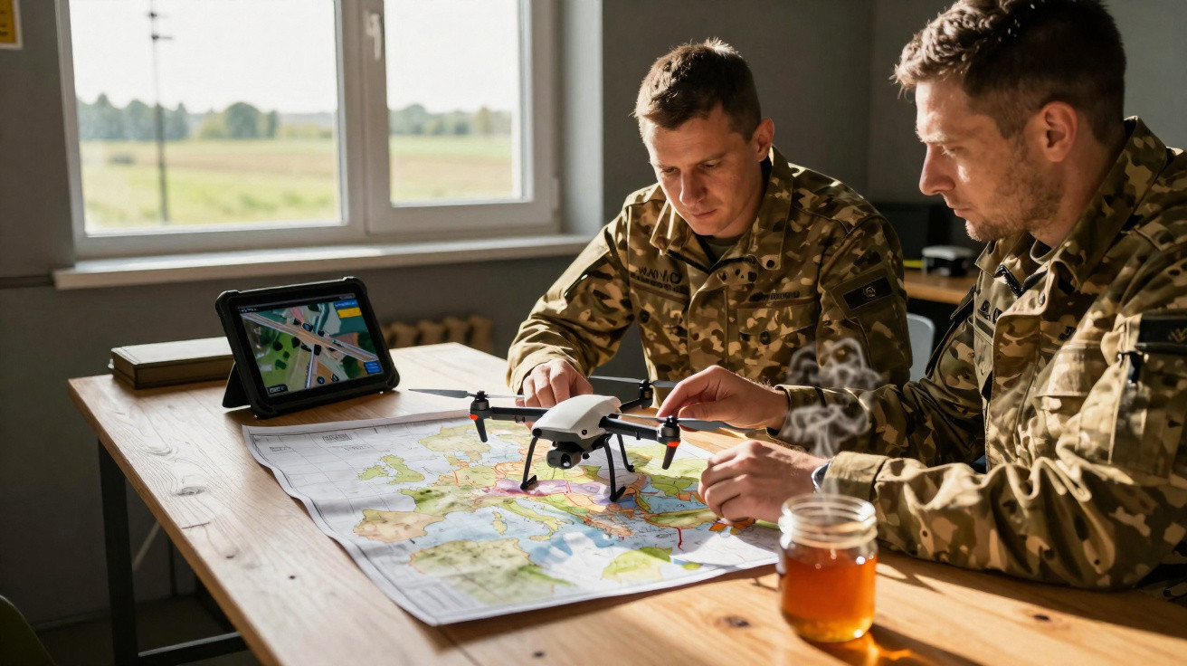 Dois soldados em uniforme de camuflagem analisam um mapa com drone e tablet em mesa de madeira.