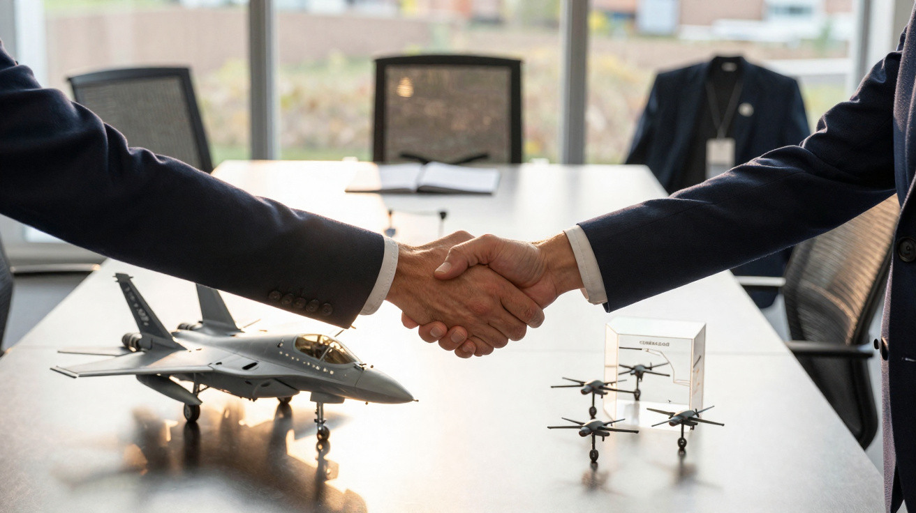Duas pessoas apertam as mãos num escritório com miniaturas de avião militar e drones sobre a mesa.