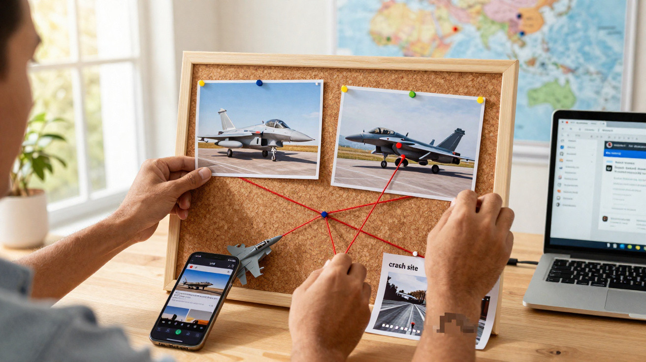 Pessoa a fazer análise de investigação com fotos de aviões de combate e local de acidente num quadro de cortiça.