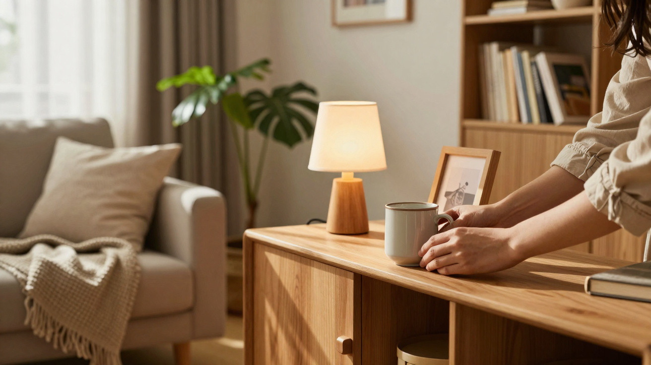 Pessoa a colocar uma caneca numa mesa de madeira numa sala de estar acolhedora com sofá, planta e candeeiro.