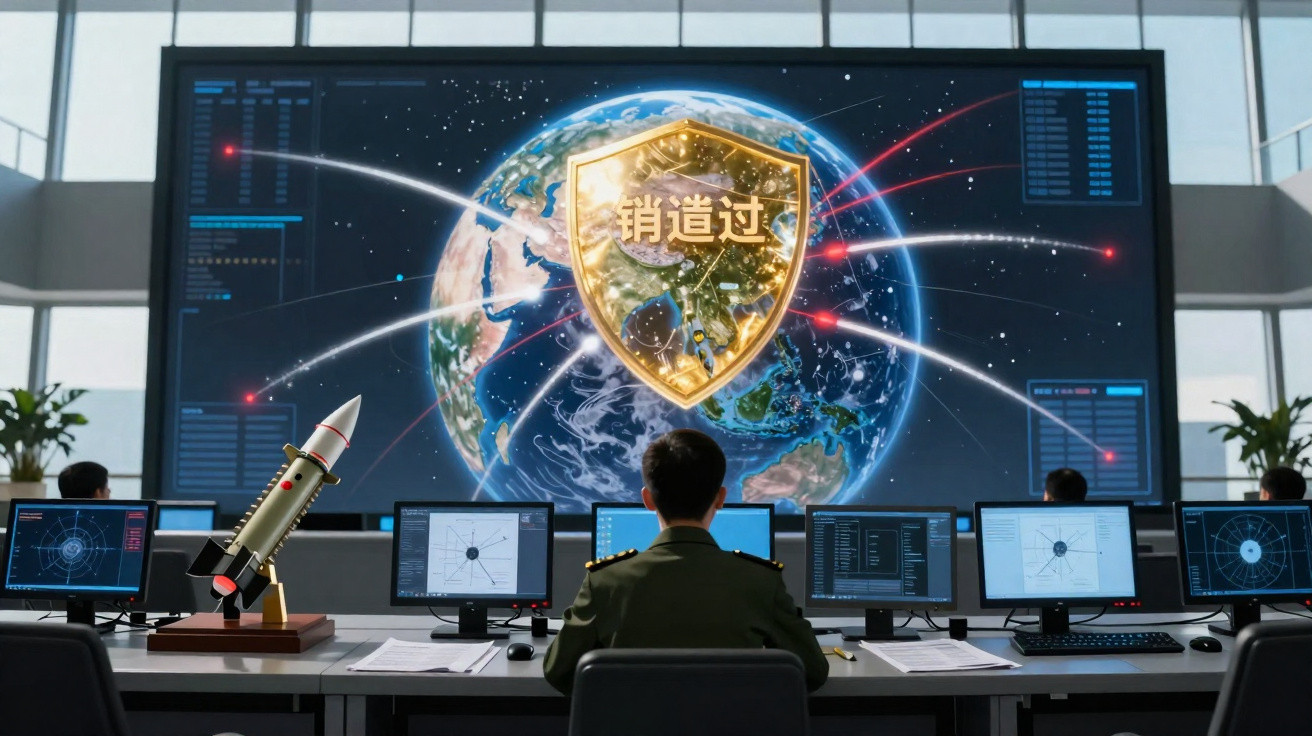 Sala de controlo com militares a monitorizar dados globais e escudo dourado digital sobre o planeta Terra.