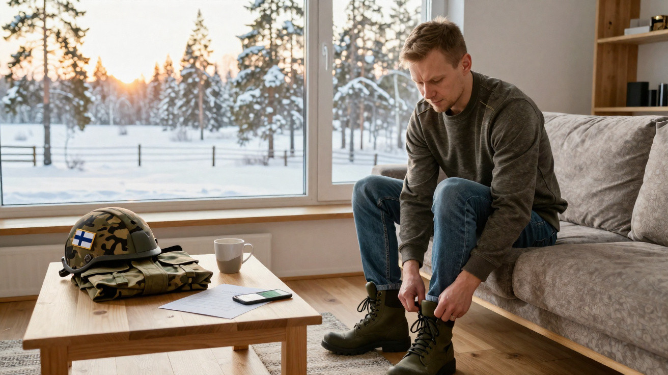 Homem sentado a calçar botas militares numa sala com vista para paisagem de inverno nevada.