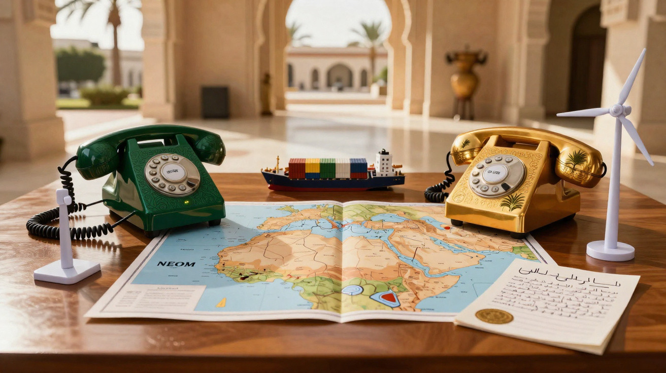 Telefones vintage verde e dourado, mapa da África, barco de carga e miniatura de turbina eólica numa mesa.