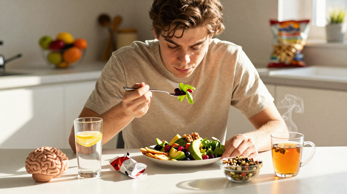 Homem jovem a comer salada sentando-se à mesa com copo de água e chá quente numa cozinha iluminada.