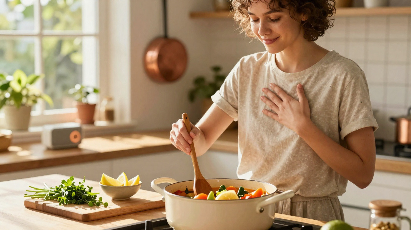 Mulher a cozinhar na cozinha, a mexer uma panela com legumes e a sorrir satisfeita.