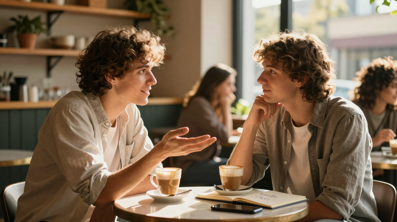 Dois jovens sentados num café a conversar, com cafés sobre a mesa e uma janela iluminando o ambiente.