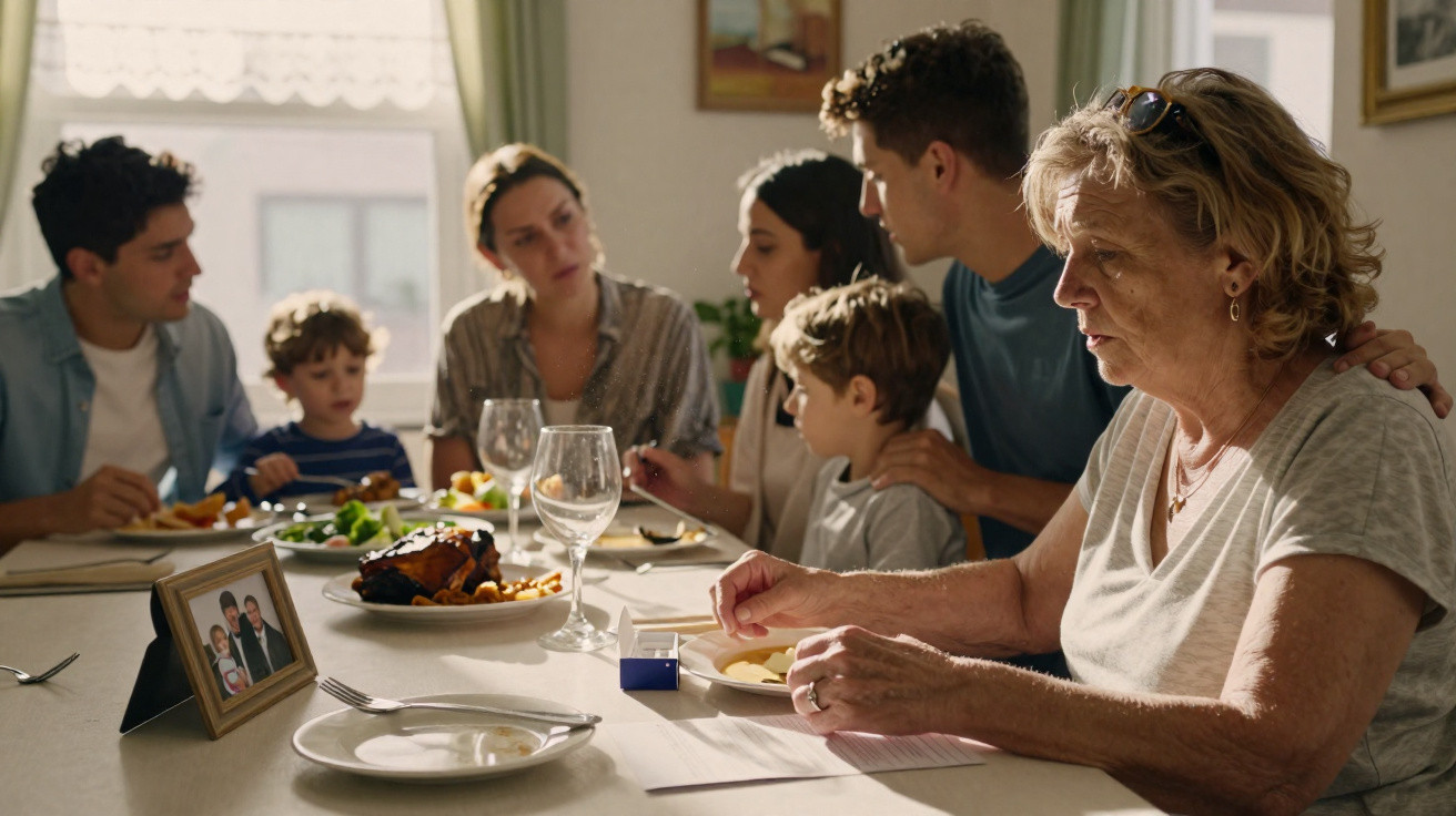 Família reunida à mesa para refeição, mulher idosa a olhar para uma aliança num estojo.