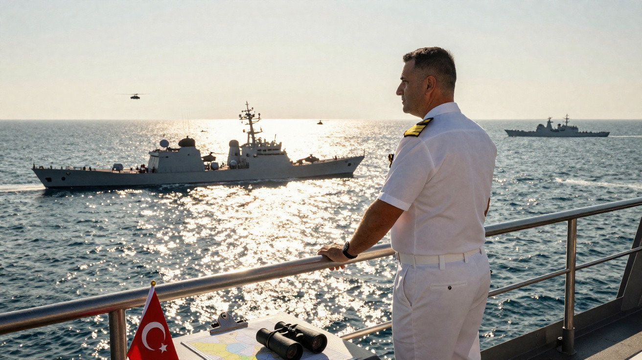 Oficial da marinha turca observa navios de guerra no mar ao pôr do sol.