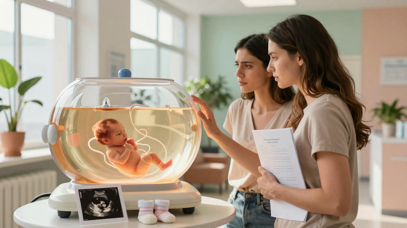 Duas mulheres observam preocupadas um bebê num incubadora futurista com ultrassom e meias em cima da mesa.