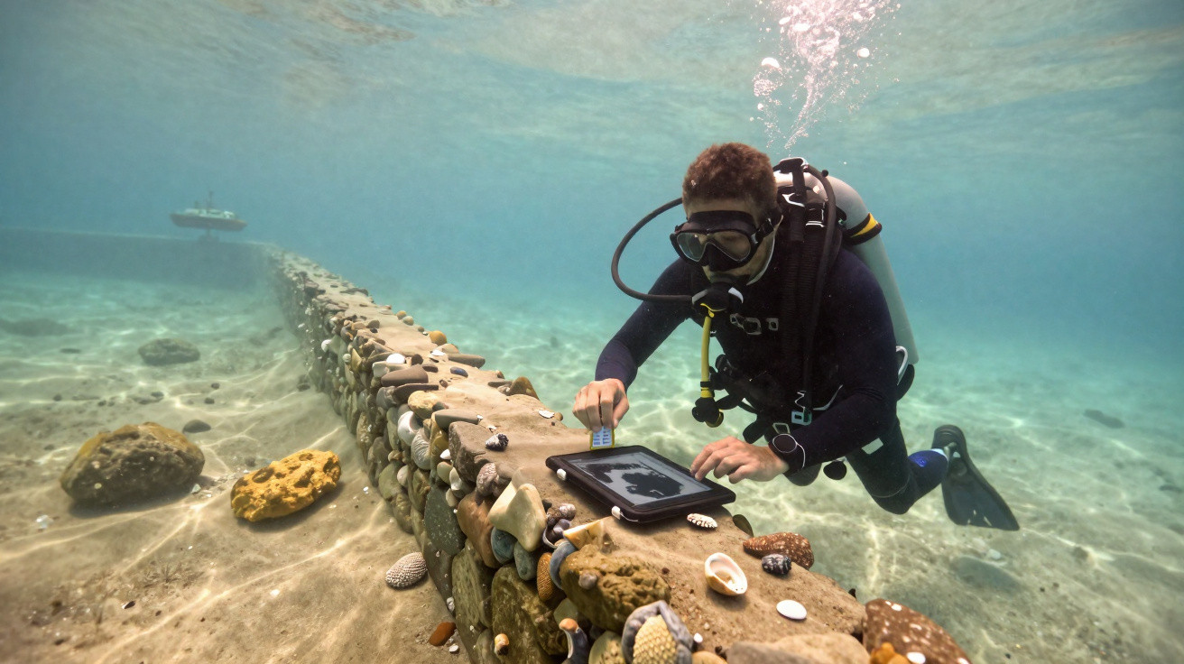 Mergulhador com fato e máscara examina artefacto antigo submerso no mar junto a um muro de pedras e conchas.