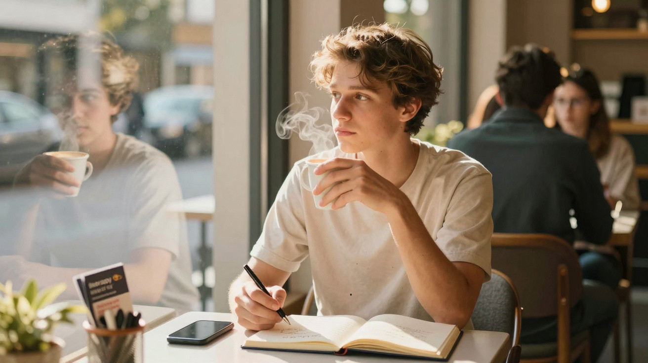 Jovem sentado numa cafetaria, a segurar uma chávena fumegante e a escrever num caderno aberto.