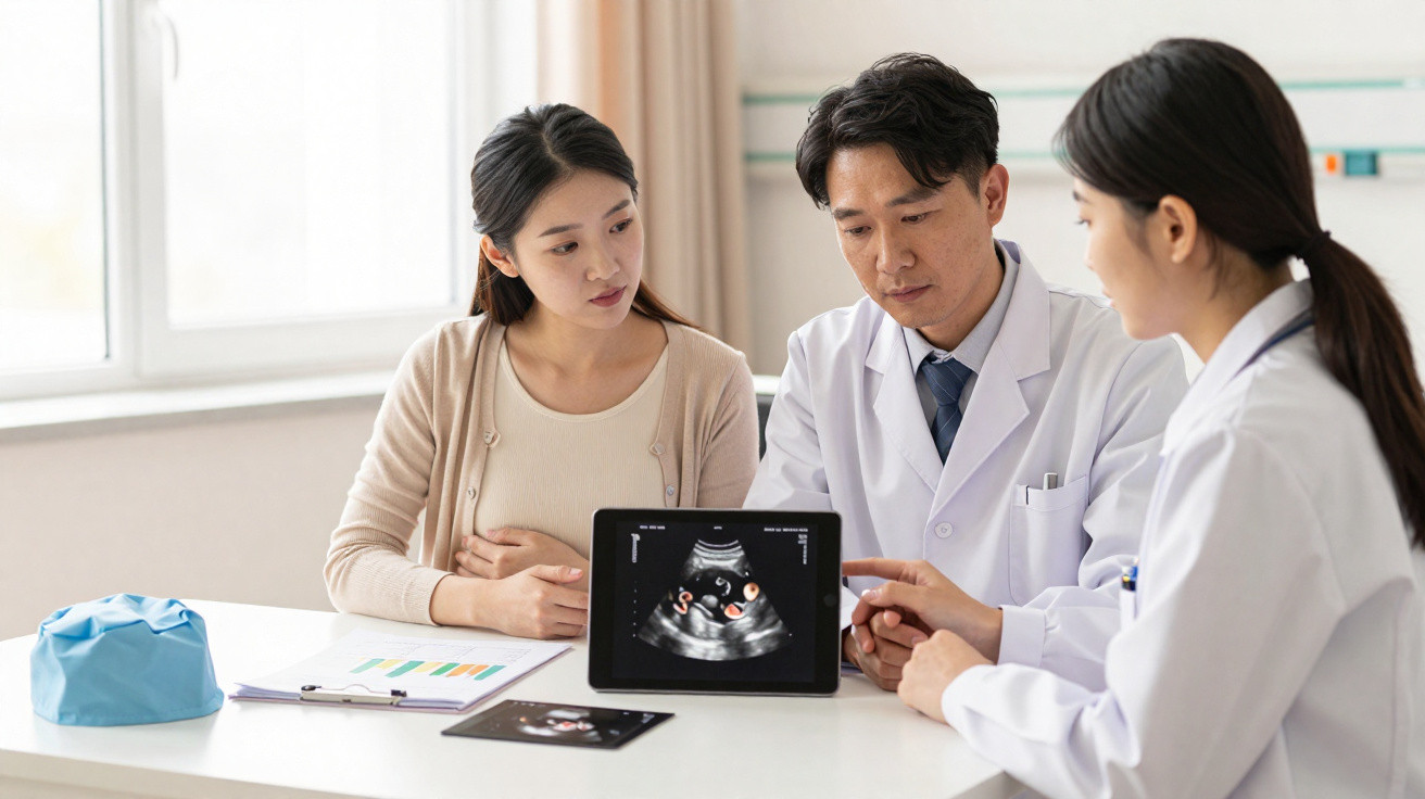Mulher grávida com dois médicos a analisar ecografia num tablet durante consulta médica.