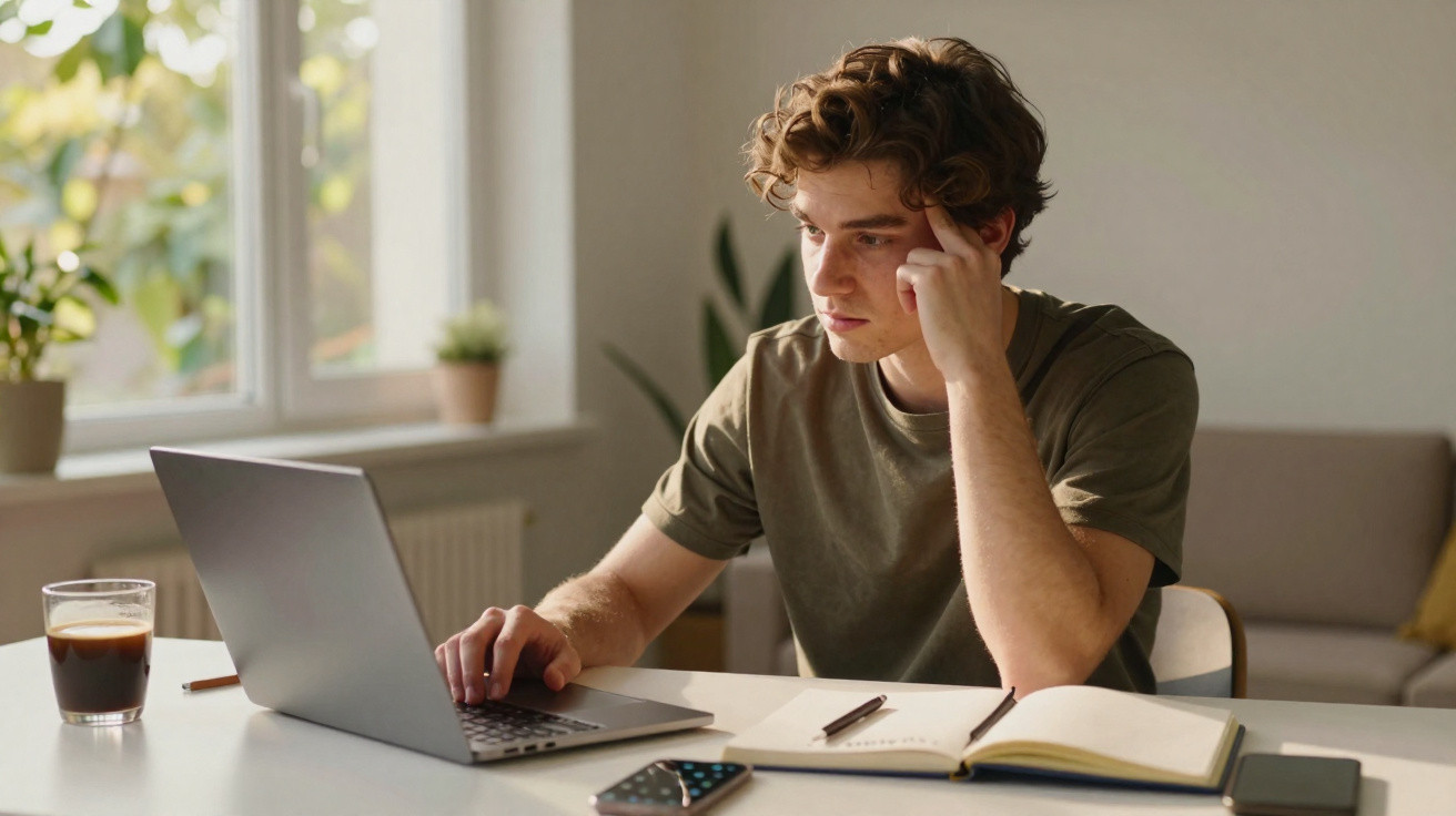 Jovem a trabalhar concentrado num computador portátil, com caderno, telemóvel e café numa mesa branca.