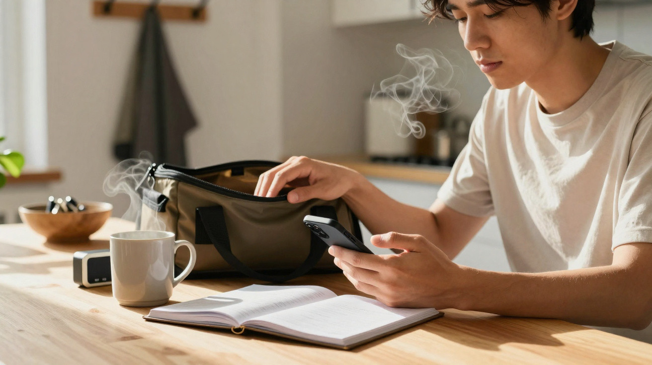 Jovem sentado à mesa, usa telemóvel com livro aberto e chá a fumegar à sua frente na cozinha.