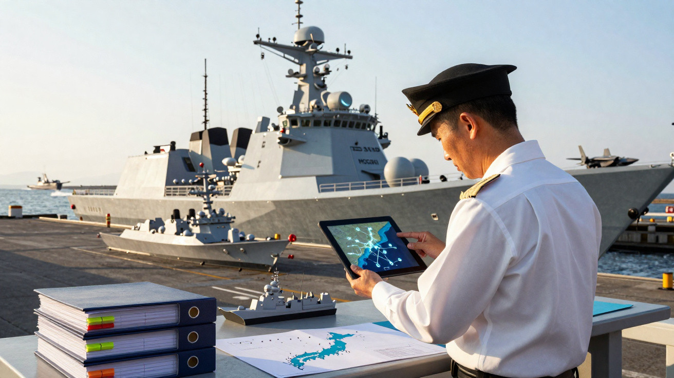 Oficial naval a consultar mapa digital numa tablet junto a um modelo de navio de guerra no porto.