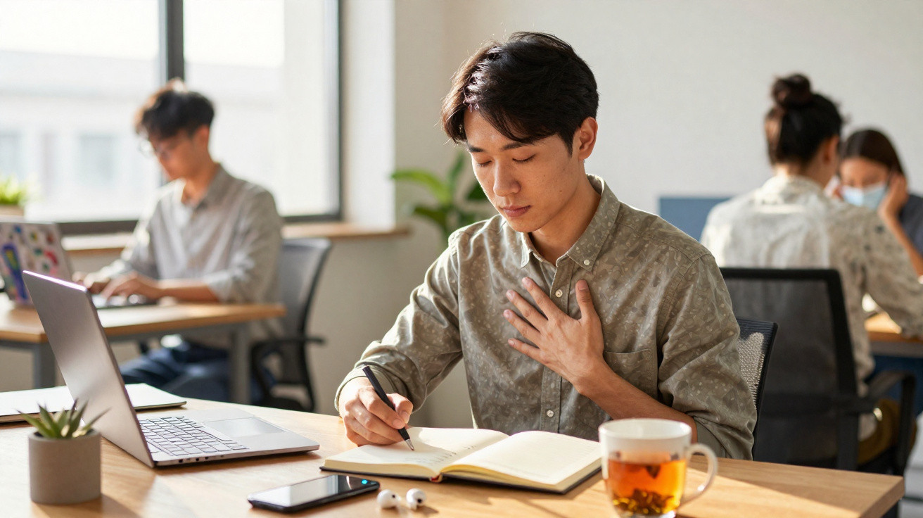 Jovem sentado numa mesa a escrever num caderno, com portátil, chá e auscultadores à sua frente, em escritório.