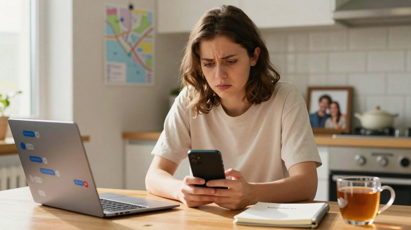 Mulher com expressão preocupada a olhar para telemóvel sentada à mesa com computador portátil e chá numa cozinha.
