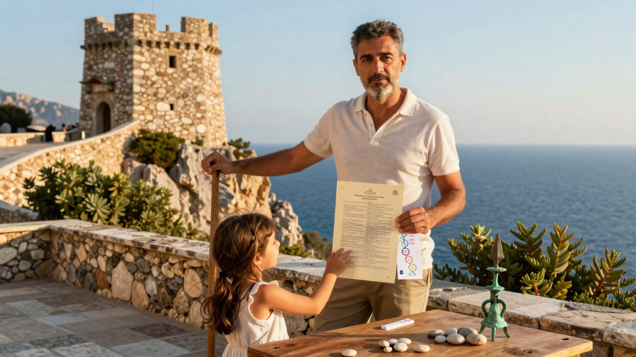 Homem com filha junto a mesa de jogo ao ar livre com torre de pedra e mar ao fundo.