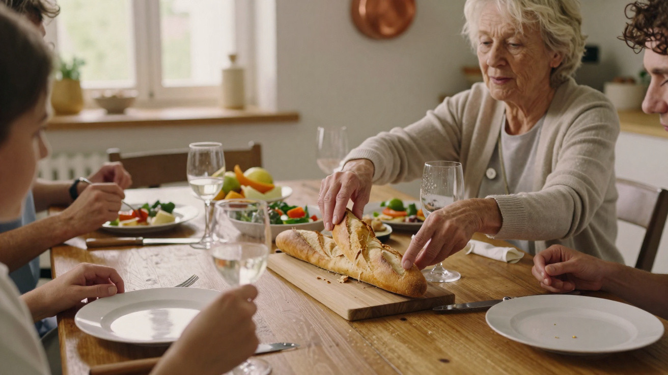 Idosa a partir pão numa mesa de jantar com várias pessoas e pratos de refeição.