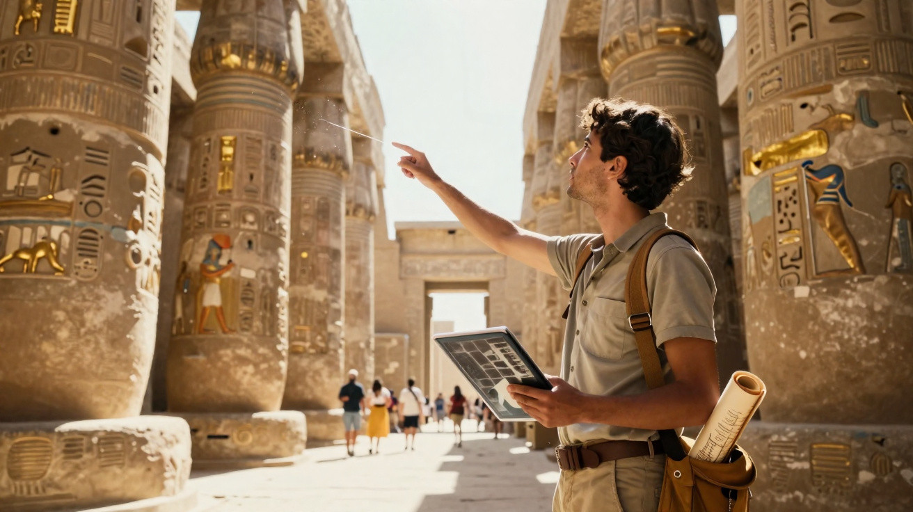 Turista observa colunas com hieróglifos dourados num templo antigo, segurando tablet e pergaminho.