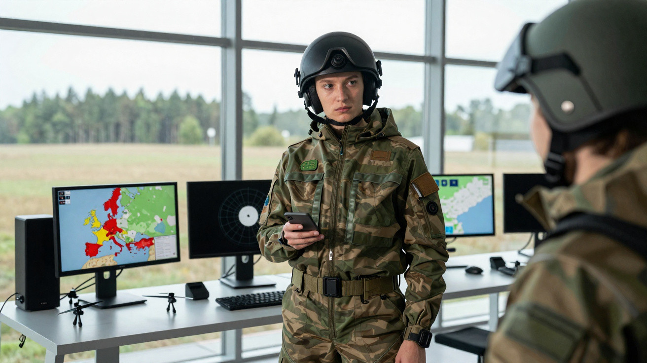 Militar em uniforme camuflado e capacete, com telemóvel na mão, em sala com computadores e mapas digitais.