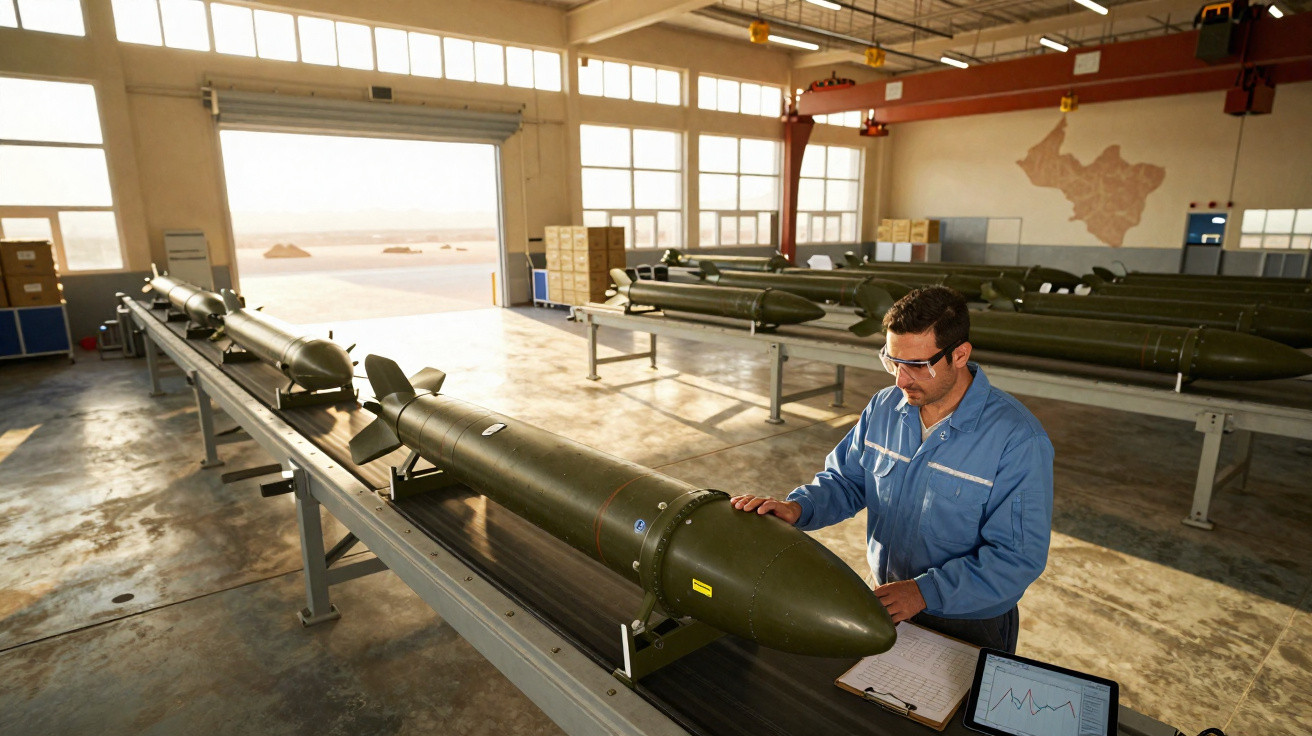 Homem com fato azul inspeciona míssil verde num grande armazém industrial com várias armas semelhantes.