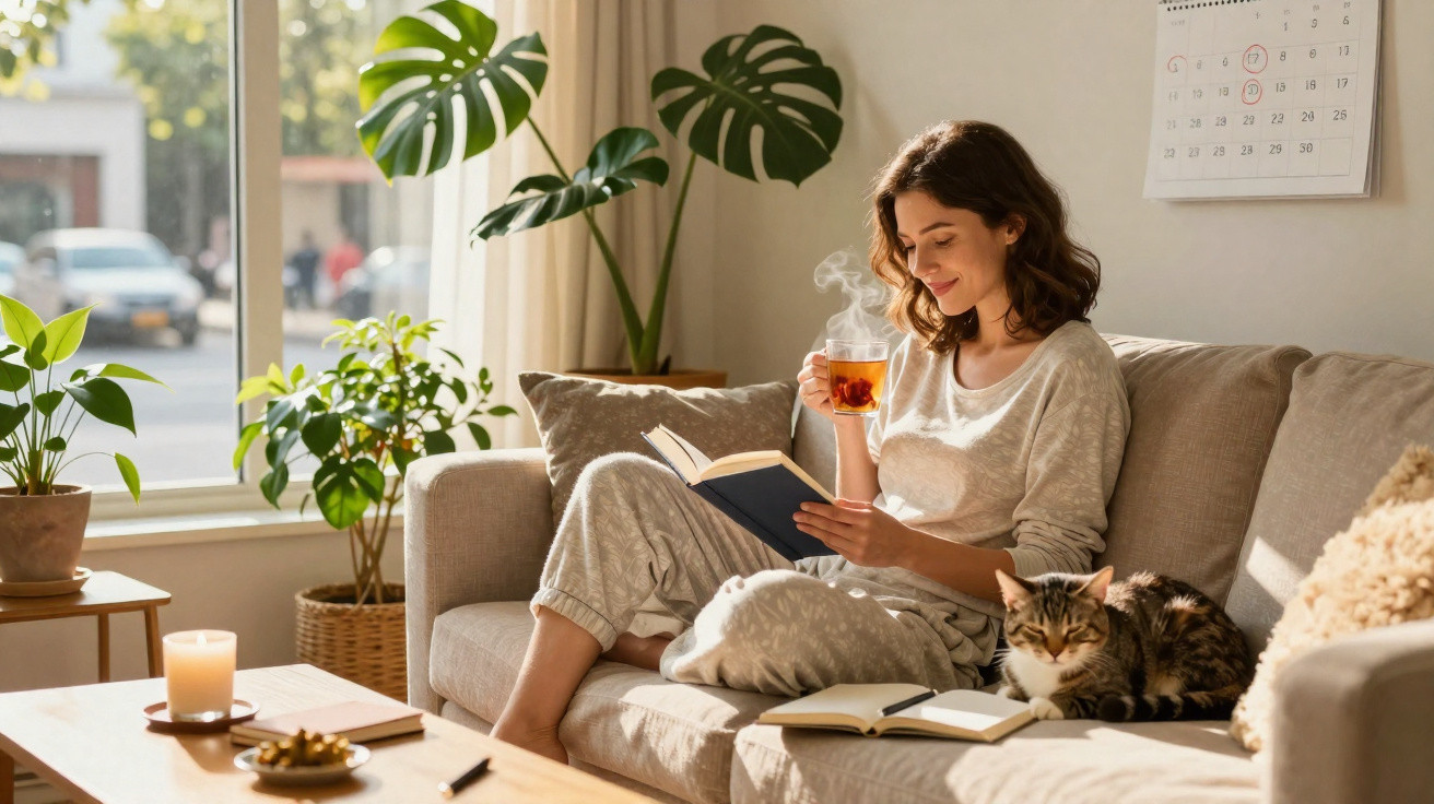 Mulher sentada no sofá a ler um livro com uma chávena de chá, gato ao lado e plantas decorativas na sala.