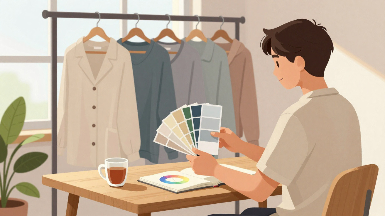 Pessoa sentada a escolher cores numa paleta, com camisas penduradas e uma planta ao lado.