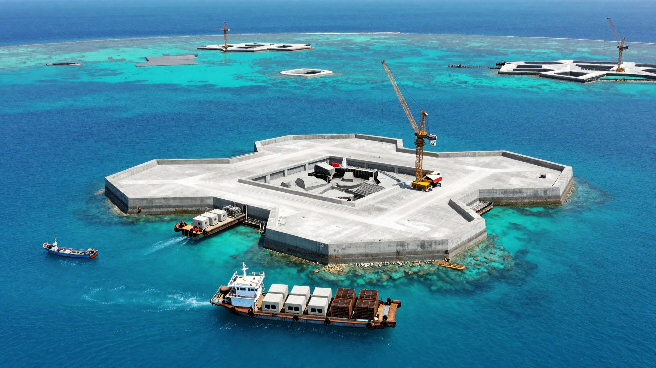 Ilha artificial em construção no meio do oceano com guindaste, barco e águas cristalinas azul-turquesa.