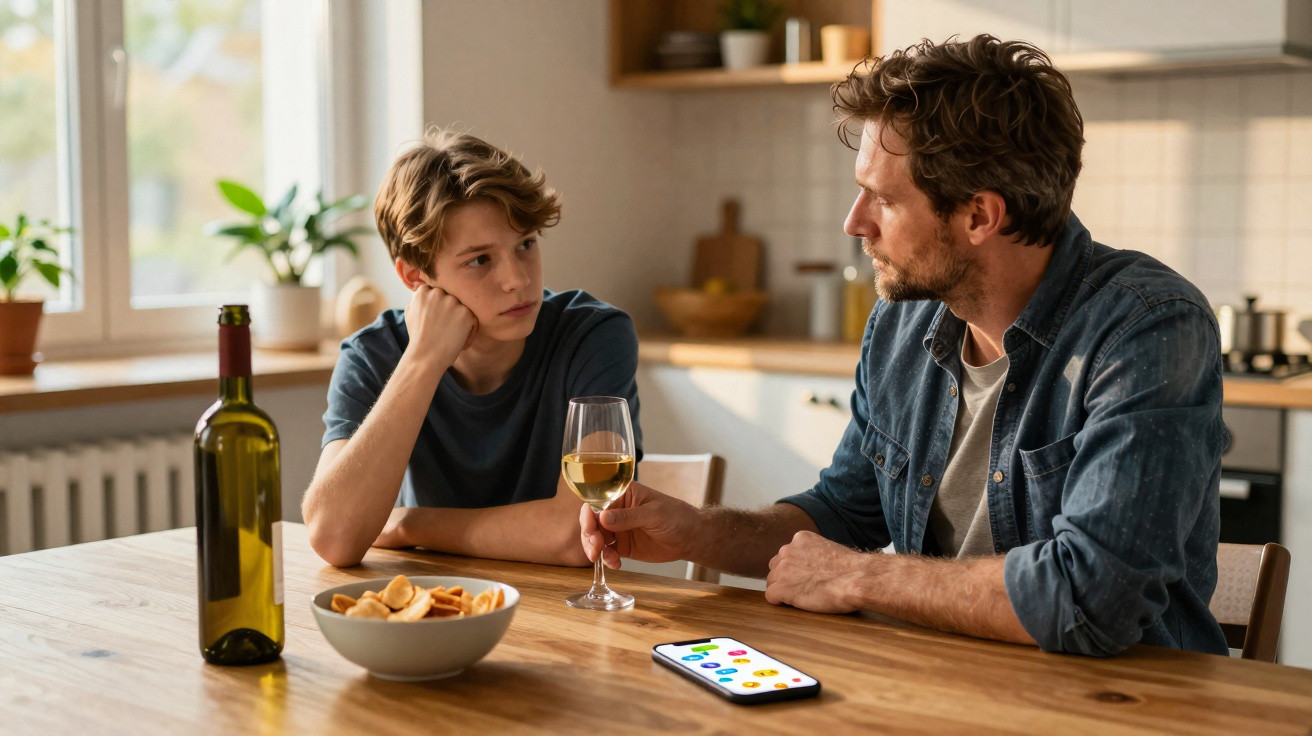 Pai oferecendo um copo de vinho ao filho adolescente durante conversa na cozinha, com garrafa e snacks na mesa.
